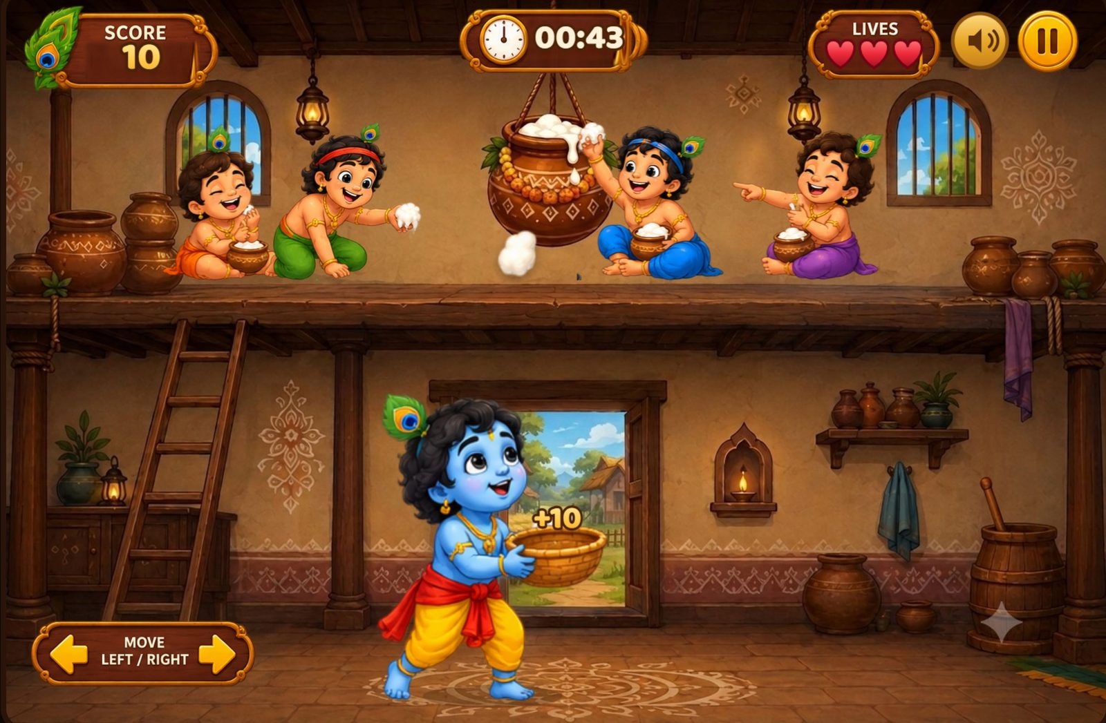 Krishna holding a basket below, while his friends sit on an attic ledge dropping lumps of butter.